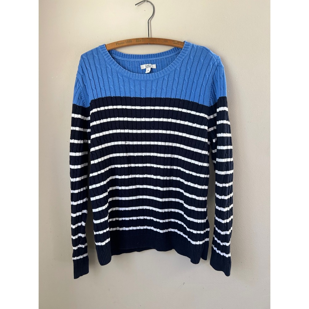 Croft & Barrow Womens XL Blue Navy White Stripe Cable Knit Crew Neck Coastal